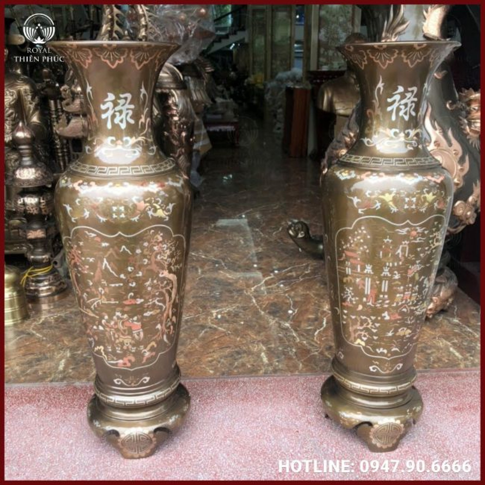 Lộc bình phong thủy bằng đồng khảm tam khí cao 1m2